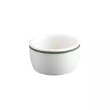 White ceramic ramekin bowl with a black rim on a white background