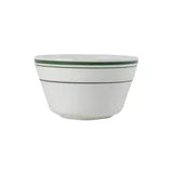 White ceramic bowl with green rim on a white background