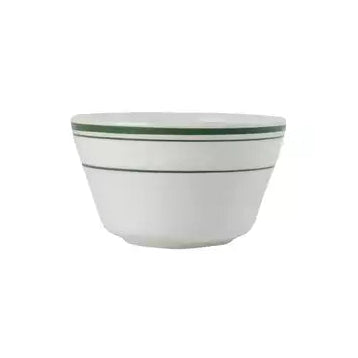 White ceramic bowl with green rim on a white background