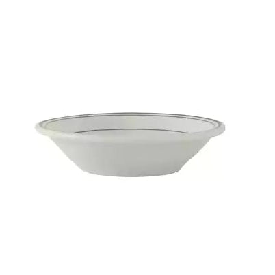 White ceramic bowl with a thin black rim on a white background
