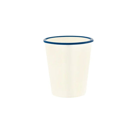 An off-white enamel cup with a thin dark blue rim, shown against a plain white background.