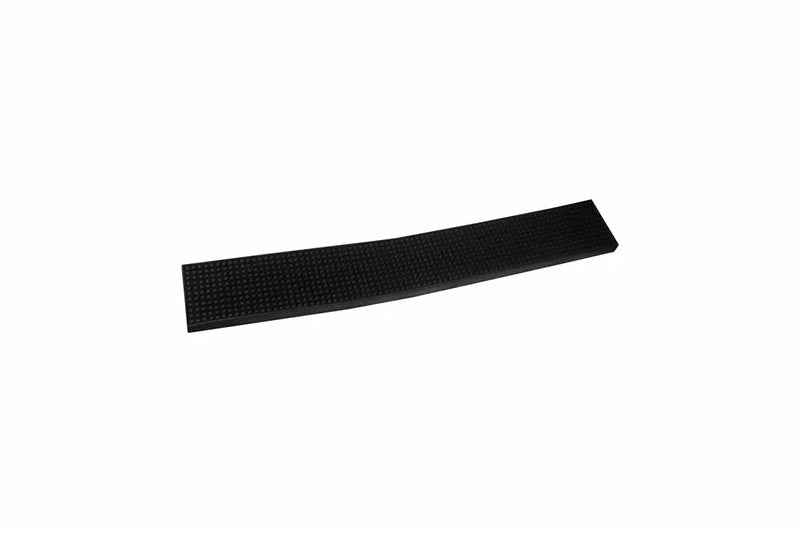 Long black rubber bar mat presented on a white background