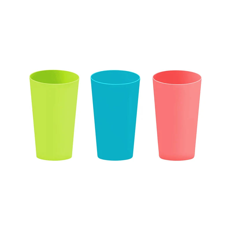 Three different coloured plastic milk shake cups presented on a white background
