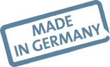 Stamp-like graphic with 'MADE IN GERMANY' text on a blue background