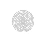 Small sized round stainless steel blade for a food mill presented on a white background
