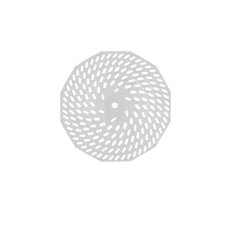 Small sized round stainless steel blade for a food mill presented on a white background