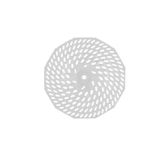 Small sized round stainless steel blade for a food mill presented on a white background