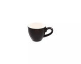 A small black ceramic coffee mug with a contrasting white interior, shown against a plain white background.