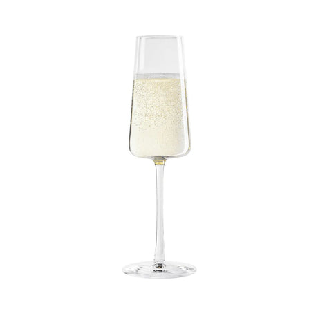 Champagne flute with liquid on white background