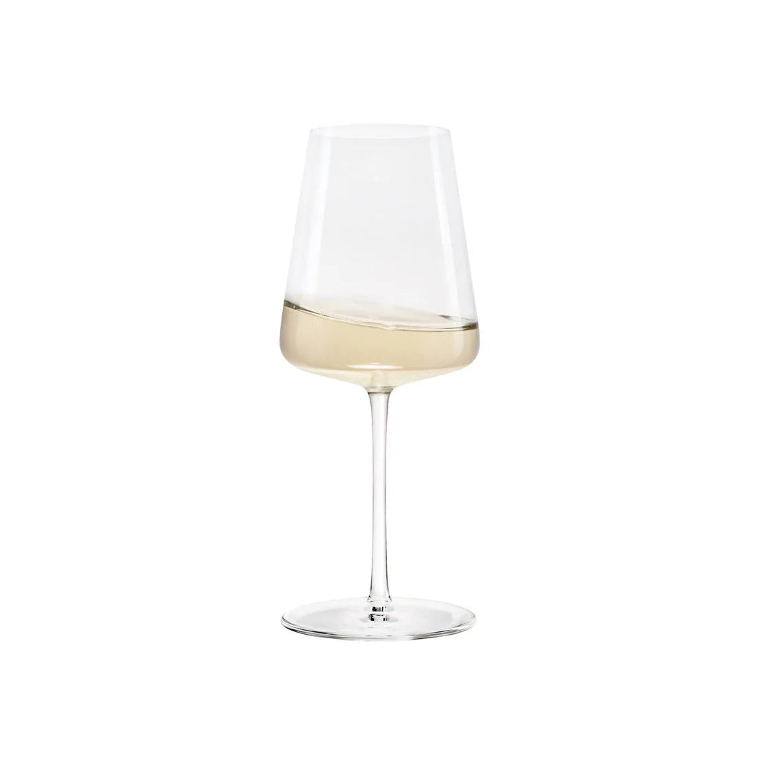 Clear wine glass with white wine on a white background