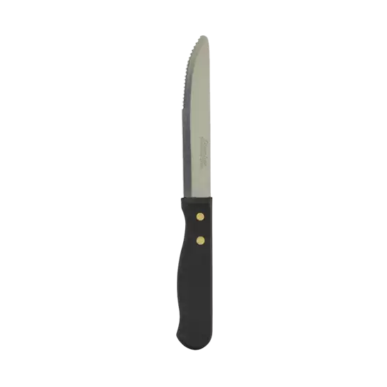 A single serrated steak knife with a black handle and a silver stainless steel blade, secured with two brass rivets, shown against a plain white background.