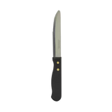 A single serrated steak knife with a black handle and a silver stainless steel blade, secured with two brass rivets, shown against a plain white background.