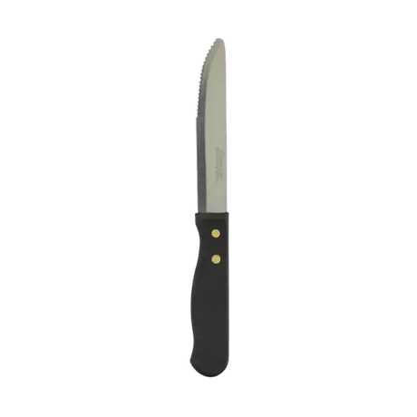 A single serrated steak knife with a black handle and a silver stainless steel blade, secured with two brass rivets, shown against a plain white background.