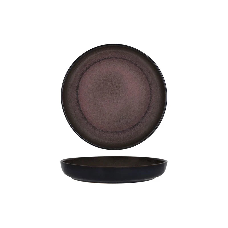 Pewter coloured round deep plate presented on a white backround