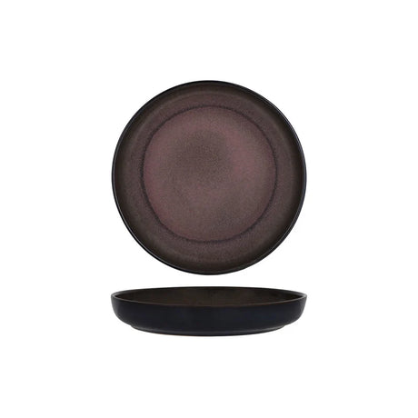 Pewter coloured round deep plate presented on a white backround