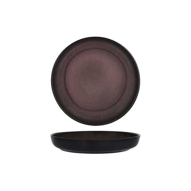 Pewter coloured round deep plate presented on a white backround