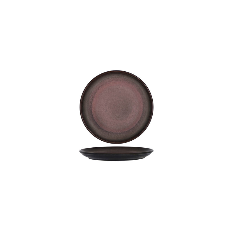Small pewter colour round plate presented on a white background