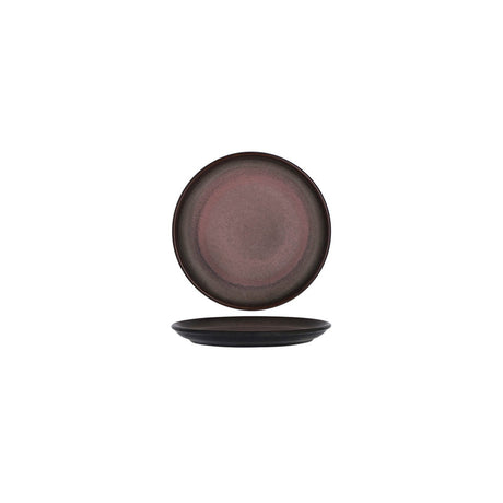 Small pewter colour round plate presented on a white background