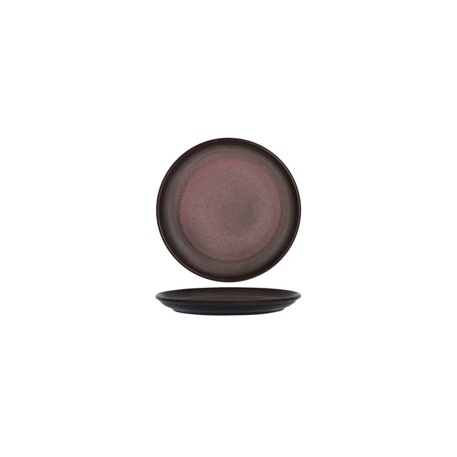 Small pewter colour round plate presented on a white background