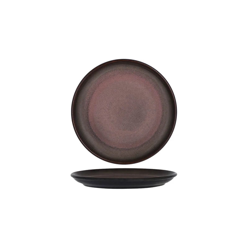 Medium sized dark round plate presented on a white background