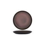 Medium sized dark round plate presented on a white background