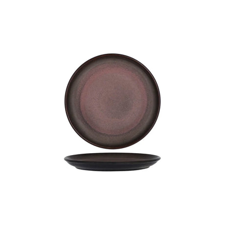Medium sized dark round plate presented on a white background