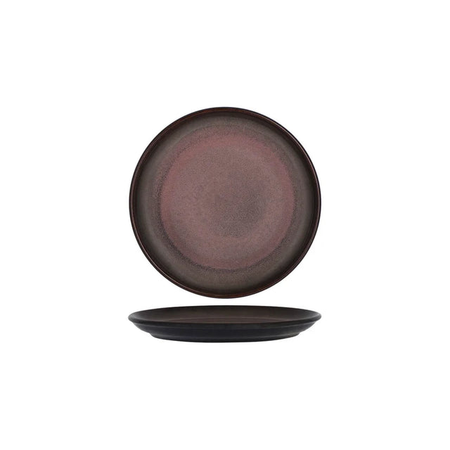 Medium sized dark round plate presented on a white background