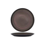 Dark coloured round plate presented on a white background