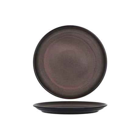 Dark coloured round plate presented on a white background