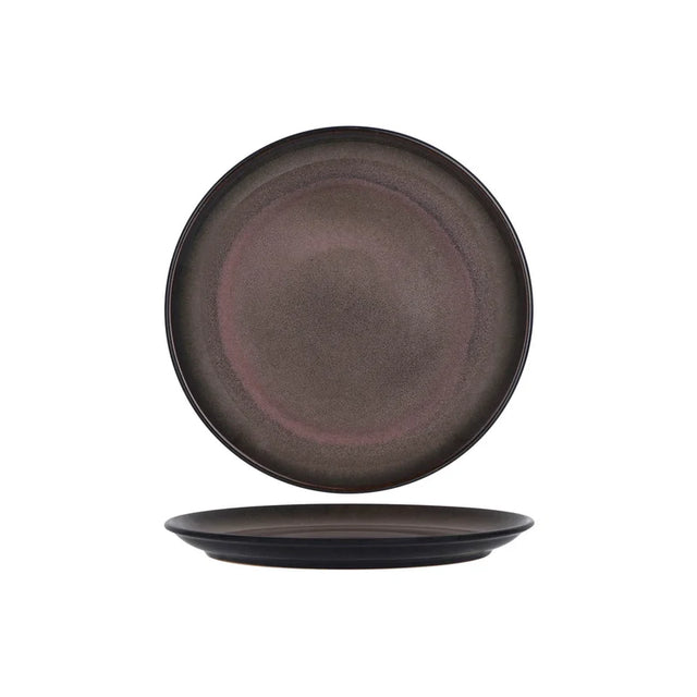 Dark coloured round plate presented on a white background