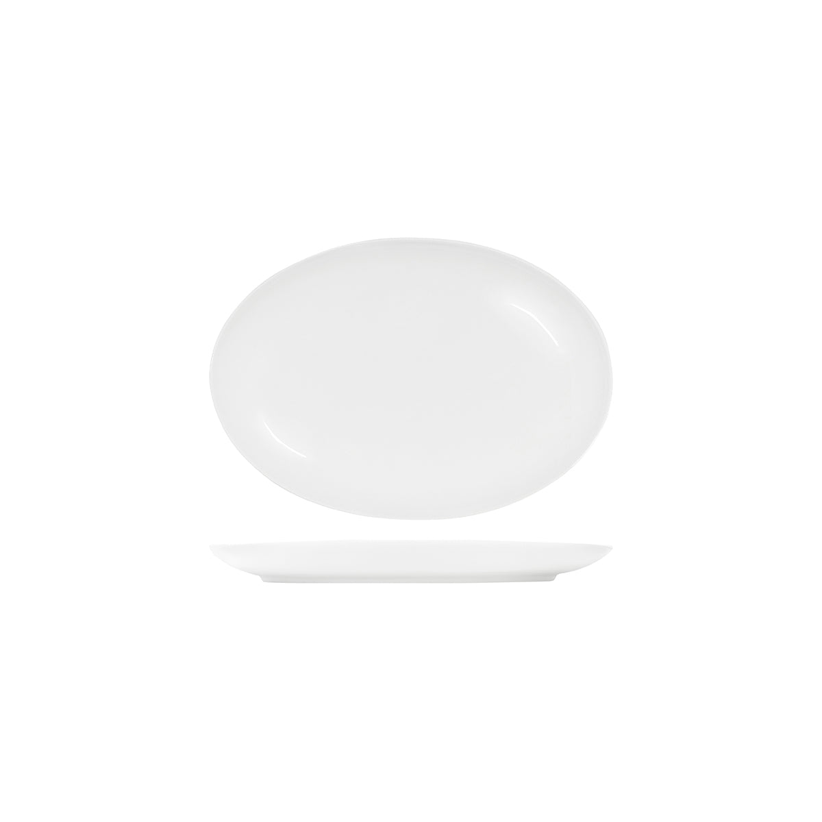 A white oval coupe-shaped serving platter.