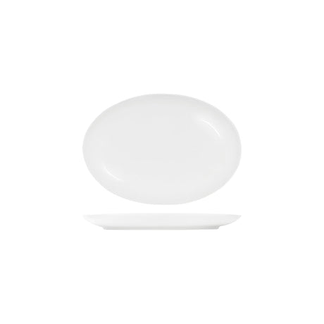 A white oval coupe-shaped serving platter.
