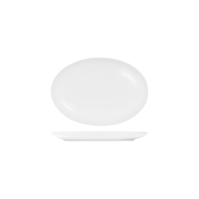A white oval coupe-shaped serving platter.