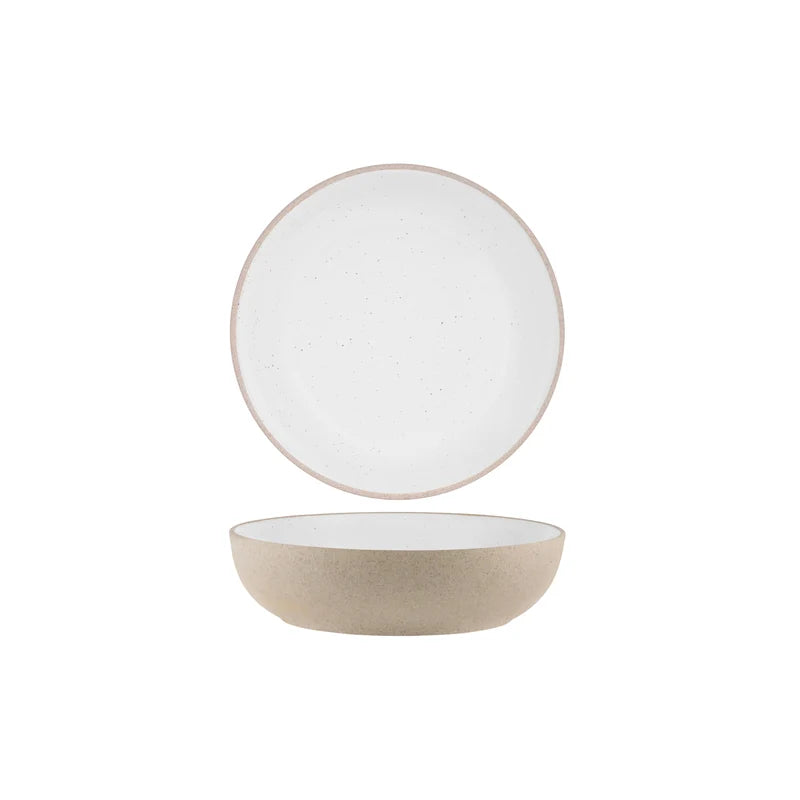 A round ceramic plate with a speckled off-white interior and a textured beige exterior, shown floating above a matching bowl on a plain white background.