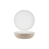 A round ceramic plate with a speckled off-white interior and a textured beige exterior, shown floating above a matching bowl on a plain white background.