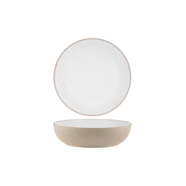 A round ceramic plate with a speckled off-white interior and a textured beige exterior, shown floating above a matching bowl on a plain white background.