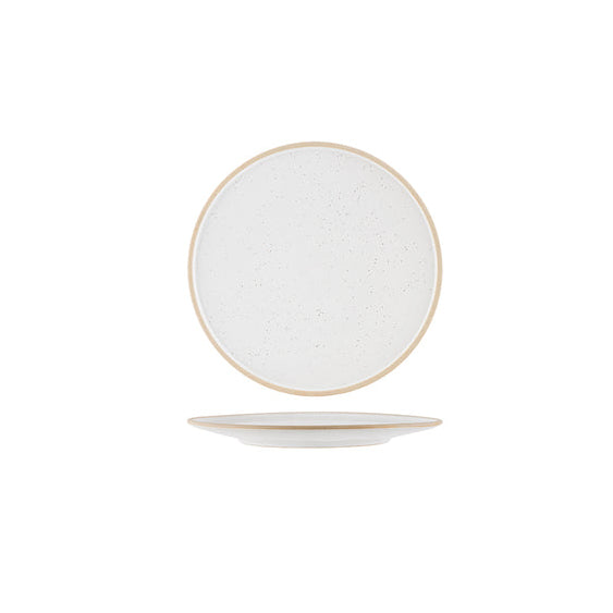 A round white ceramic plate with a subtle speckled texture and a thin gold rim, shown floating above a matching shallow saucer on a solid white background.