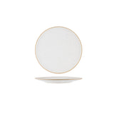 A round white ceramic plate with a subtle speckled texture and a thin gold rim, shown floating above a matching shallow saucer on a solid white background.