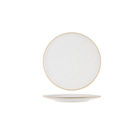 A round white ceramic plate with a subtle speckled texture and a thin gold rim, shown floating above a matching shallow saucer on a solid white background.