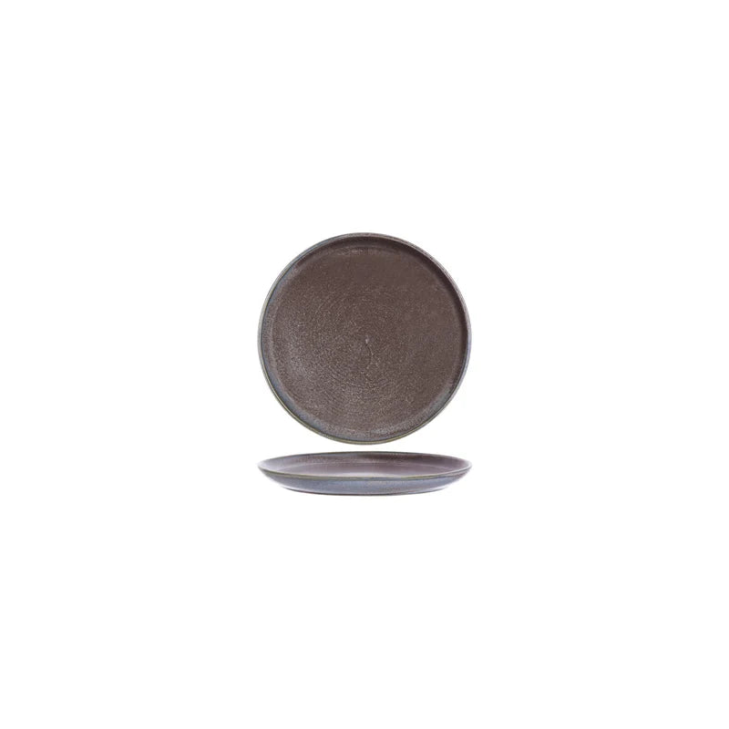 A blue / grey coloured round plate presented on a white background