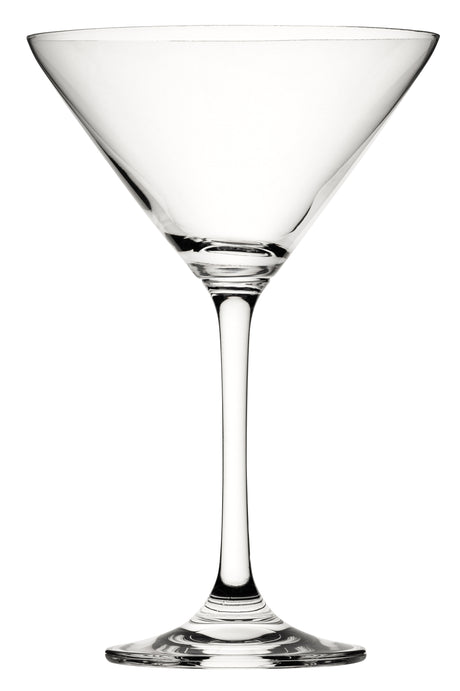 A clear glass martini stemware with a conical bowl and a long stem.