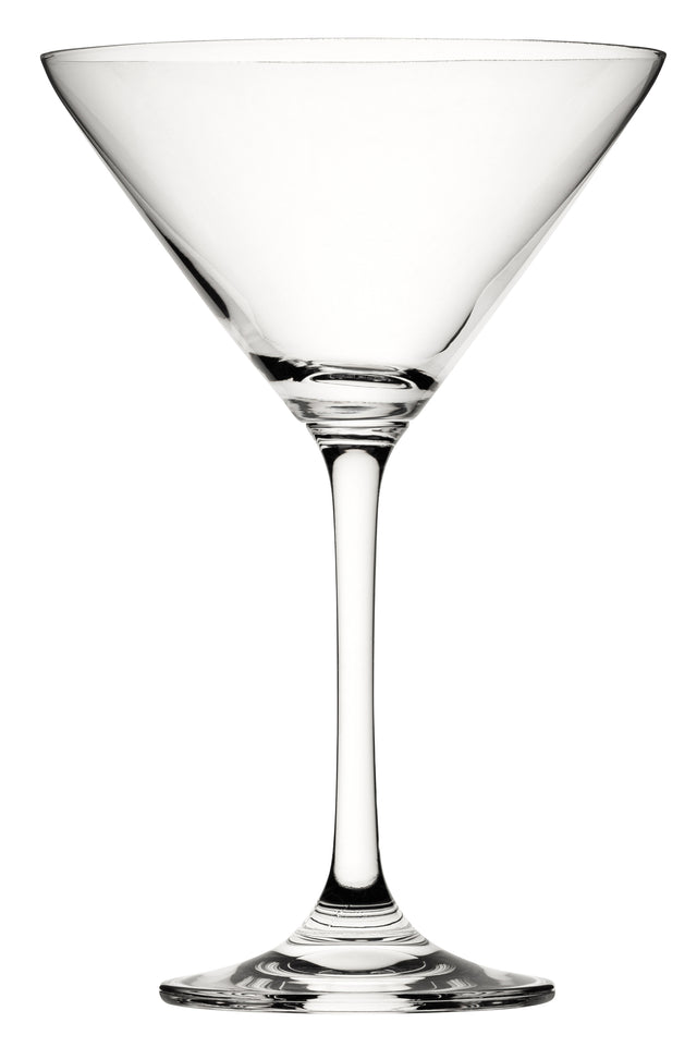 A clear glass martini stemware with a conical bowl and a long stem.
