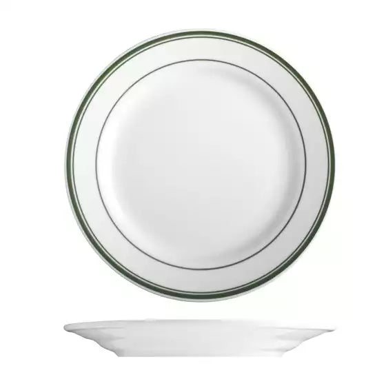 Round plate with green rim on a white background