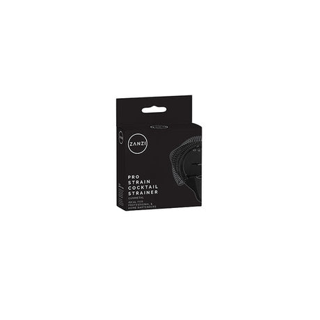 Gift boxed gun metal cocktail strainer on a white background
