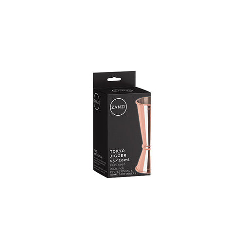 Boxed rose coloured jigger on white background