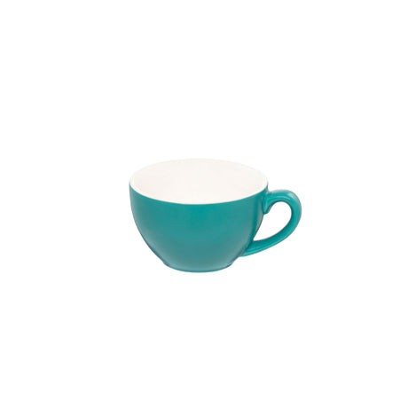 A green cappuccino cup with a white interior and a handle, on a white background.