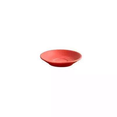 A standard red coffee saucer on a white background