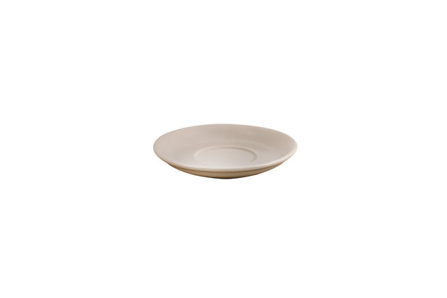A beige porcelain saucer isolated on a white background.
