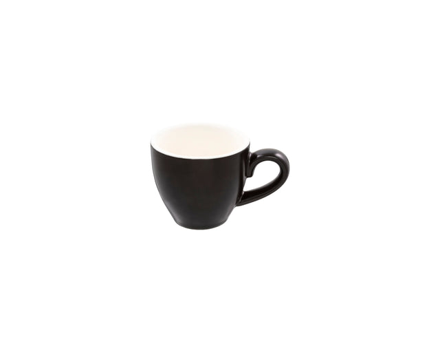 A traditional espresso coffee cup in a matte black finish on white background
