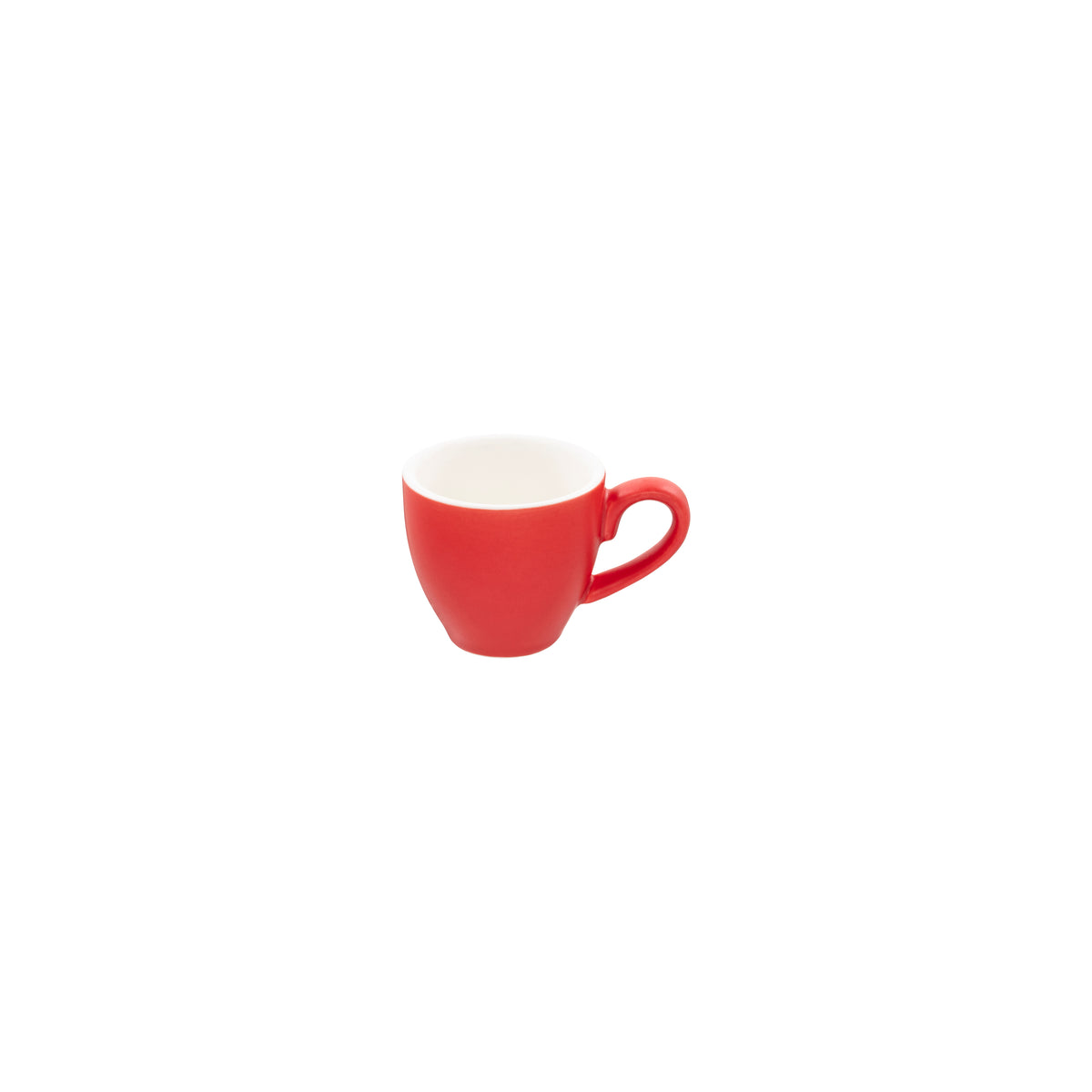 A single red porcelain espresso cup with a white interior and handle on the left.